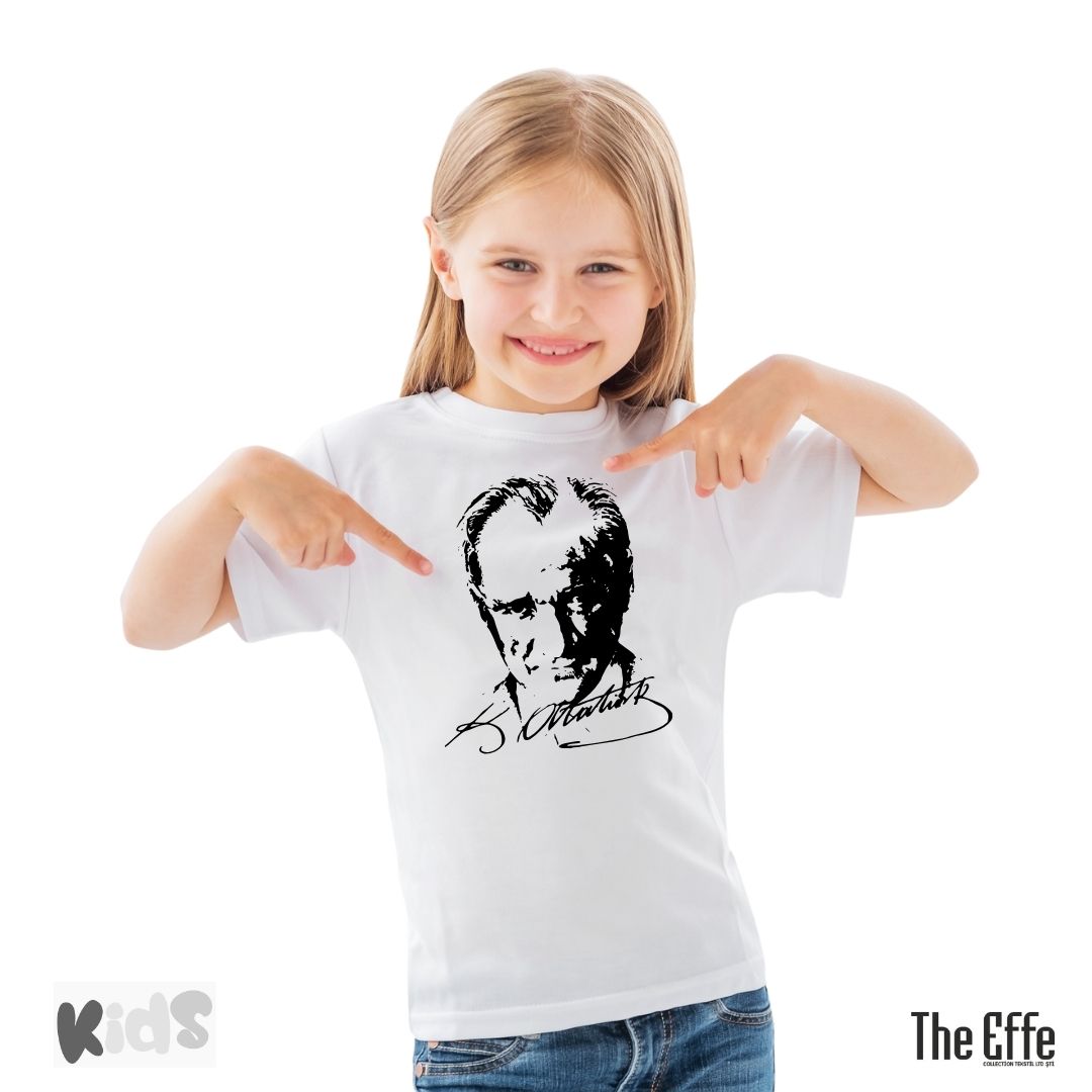 Çocuk Sıfır Yaka T-shirt - Atatürk Baskılı -Beyaz- Numune