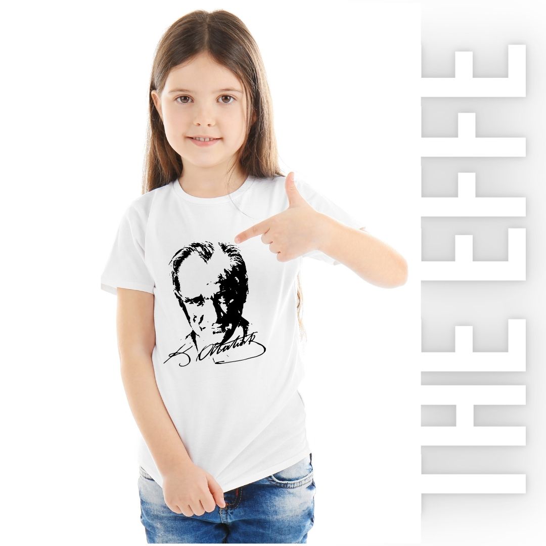 Çocuk Sıfır Yaka T-shirt - Atatürk Baskılı -Beyaz- Numune