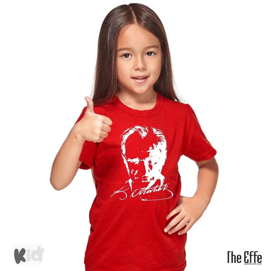 Çocuk Sıfır Yaka T-shirt - Atatürk Baskılı -Kırmızı- Numune