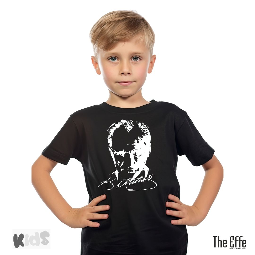 Çocuk Sıfır Yaka T-shirt - Atatürk Baskılı - Siyah- Numune