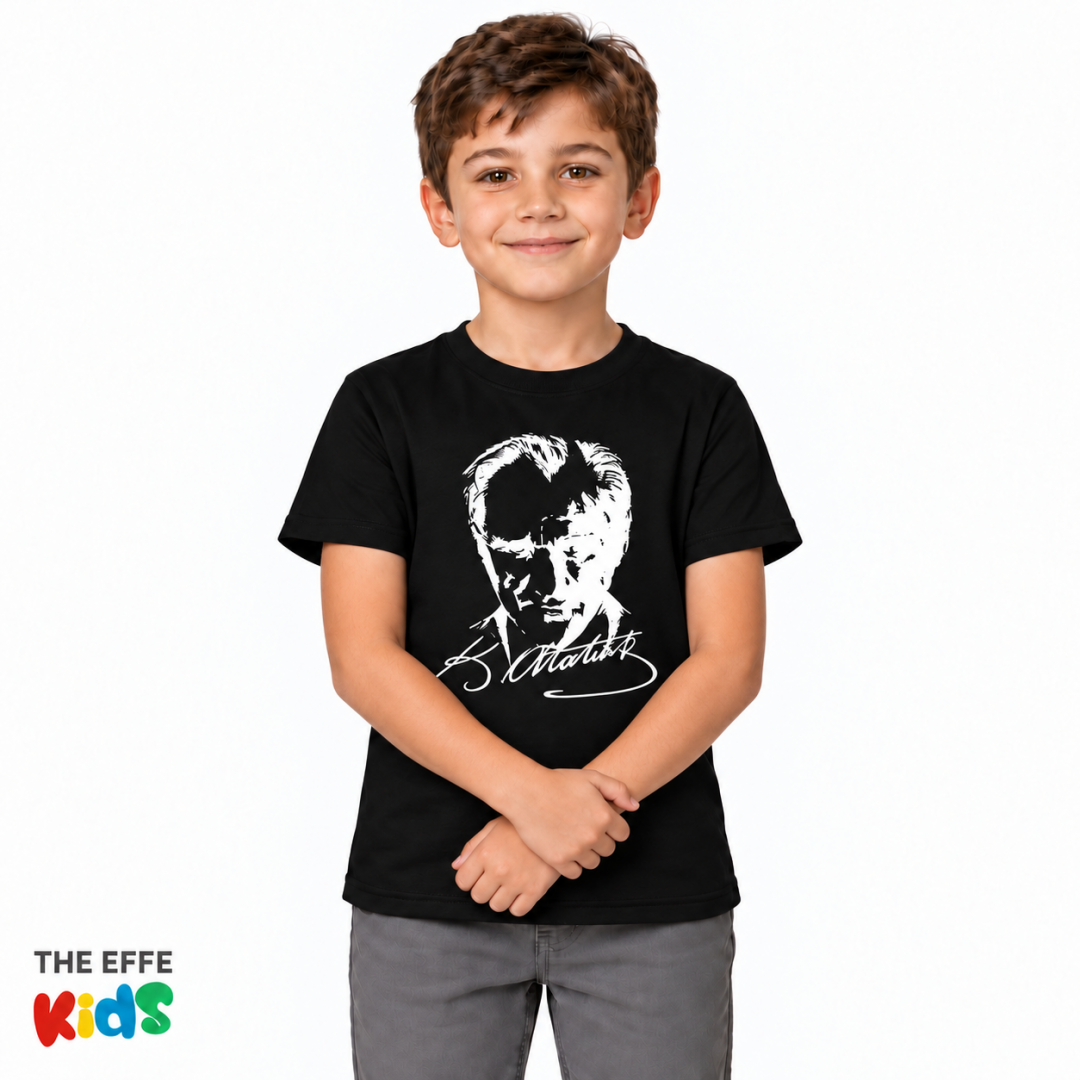 Çocuk Sıfır Yaka T-shirt - Atatürk Baskılı - Siyah- Numune