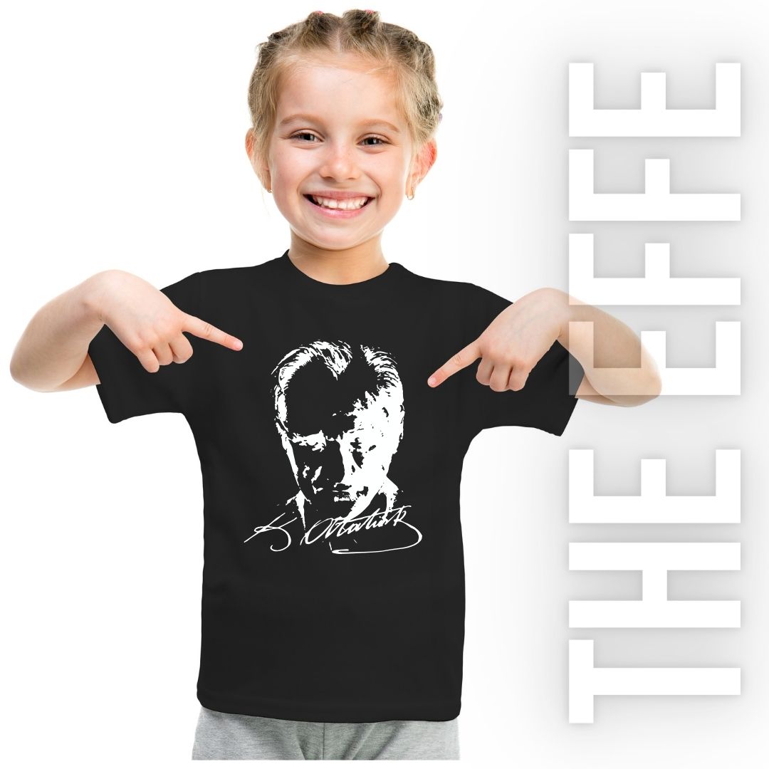 Çocuk Sıfır Yaka T-shirt - Atatürk Baskılı - Siyah- Numune