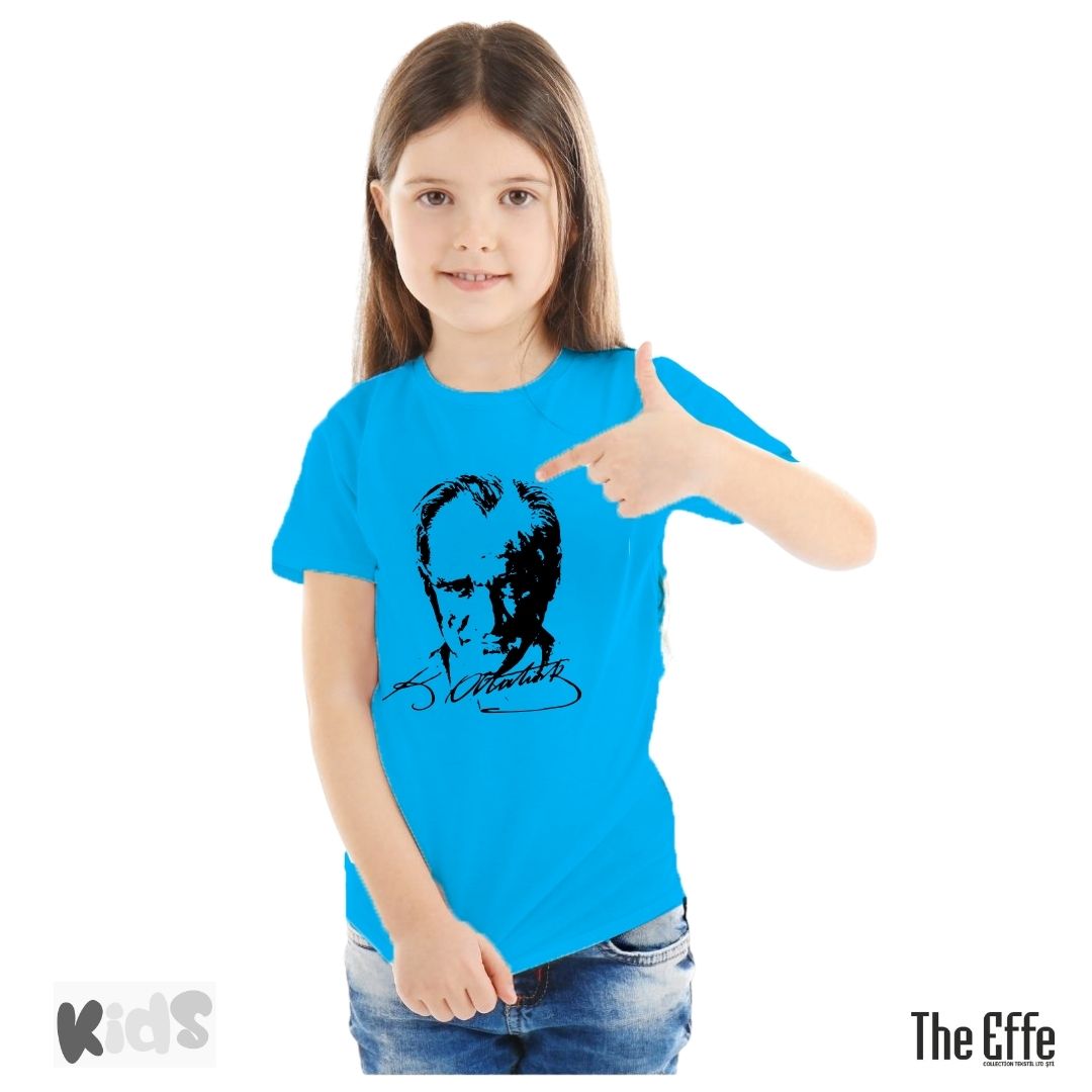 Çocuk Sıfır Yaka T-shirt - Atatürk Baskılı -Turkuaz- Numune