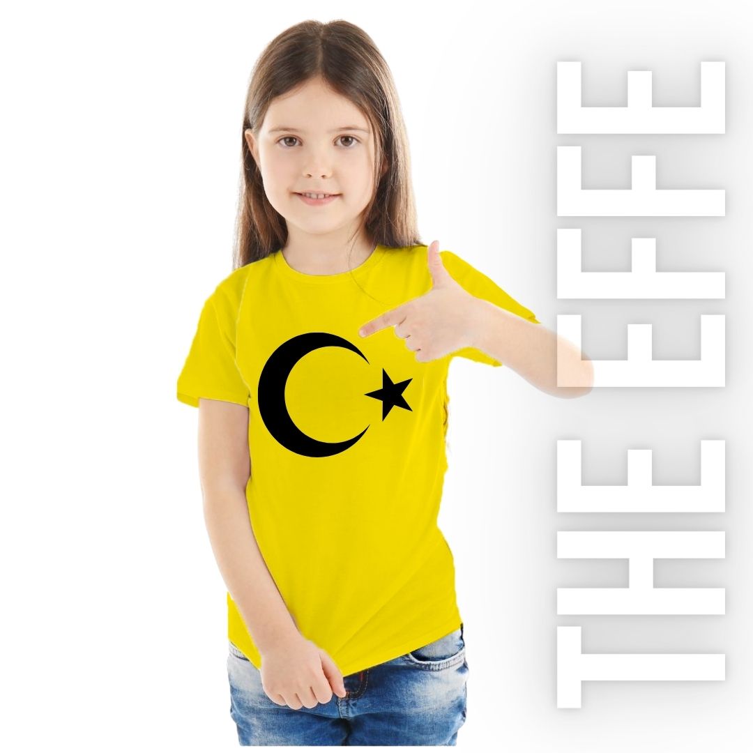 Sıfır Yaka T-shirt - Toptan Çocuk Türk Bayrağı Baskılı - Sarı- Numune