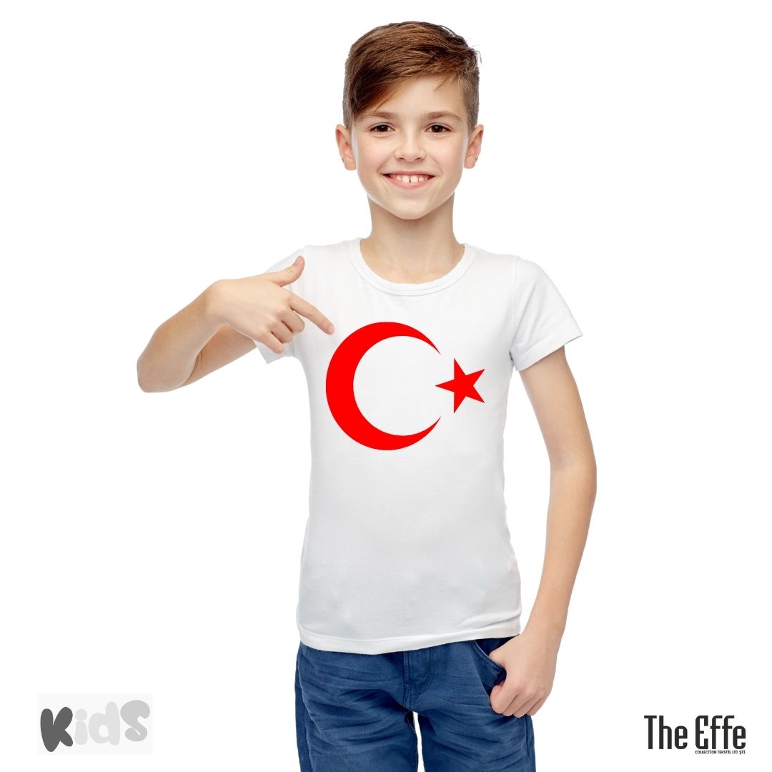 Çocuk Sıfır Yaka T-shirt - Türk Bayrağı Baskılı -Beyaz- Numune