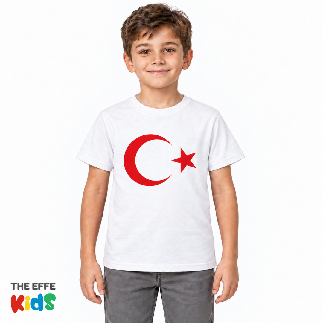 Çocuk Sıfır Yaka T-shirt - Türk Bayrağı Baskılı -Beyaz- Numune
