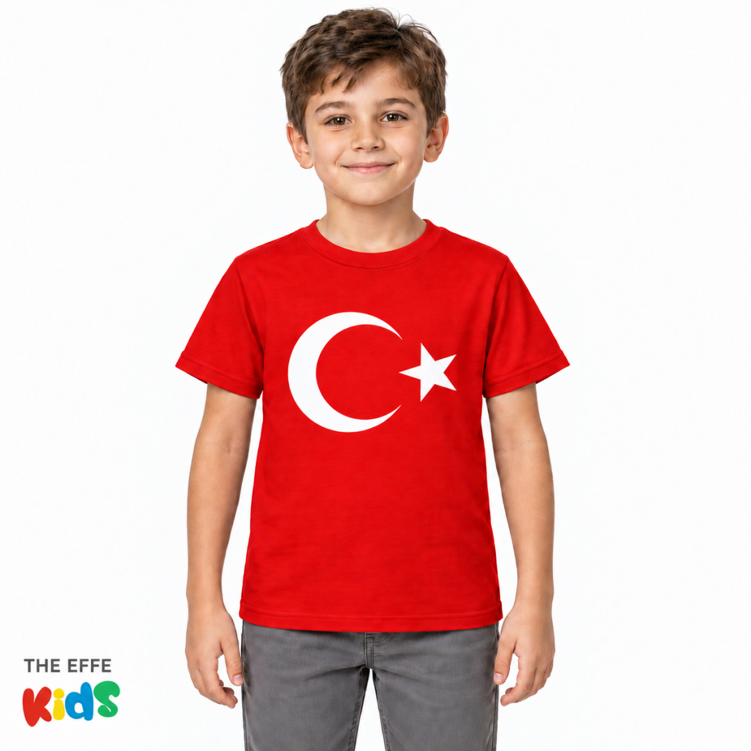 Çocuk Sıfır Yaka T-shirt - Türk Bayrağı Baskılı -Kırmızı- Numune