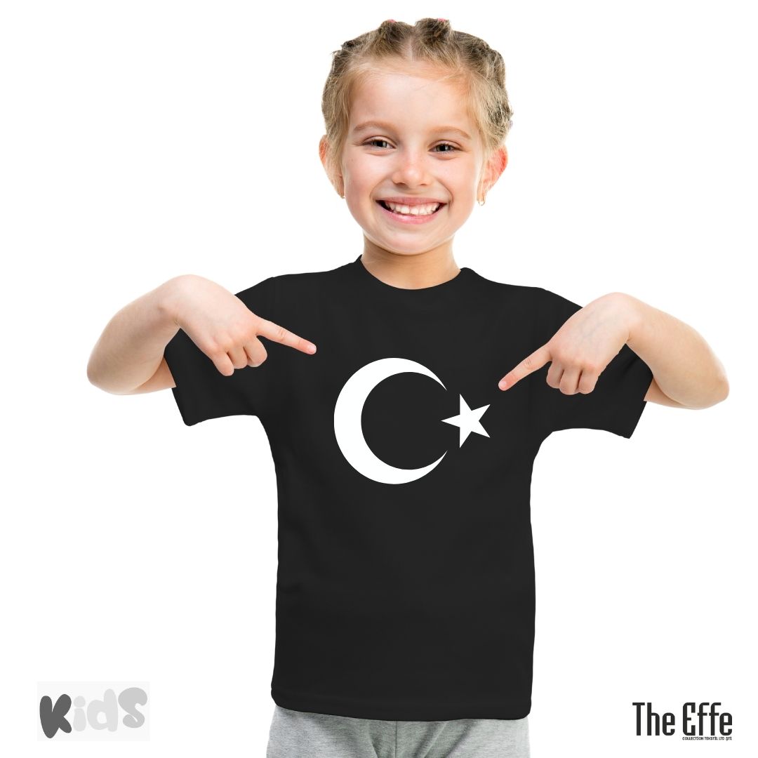 Çocuk Sıfır Yaka T-shirt - Türk Bayrağı Baskılı - Siyah- Numune