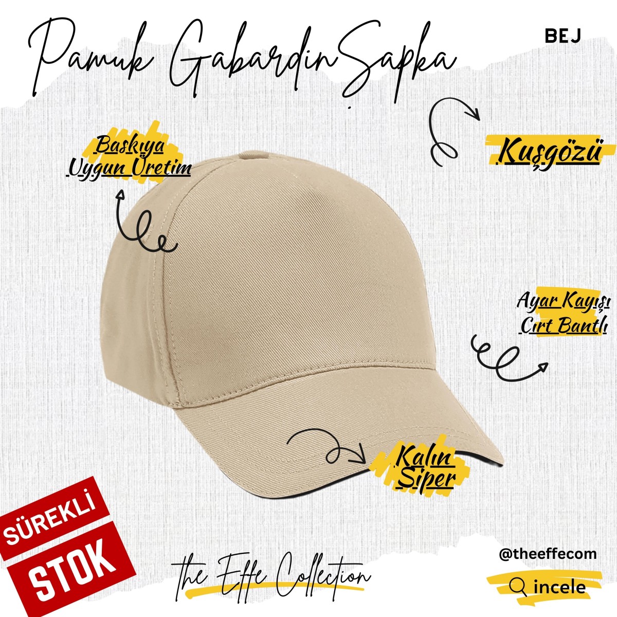 Şapka Gabardin  Krem - Toptan Basic (Promosyon)