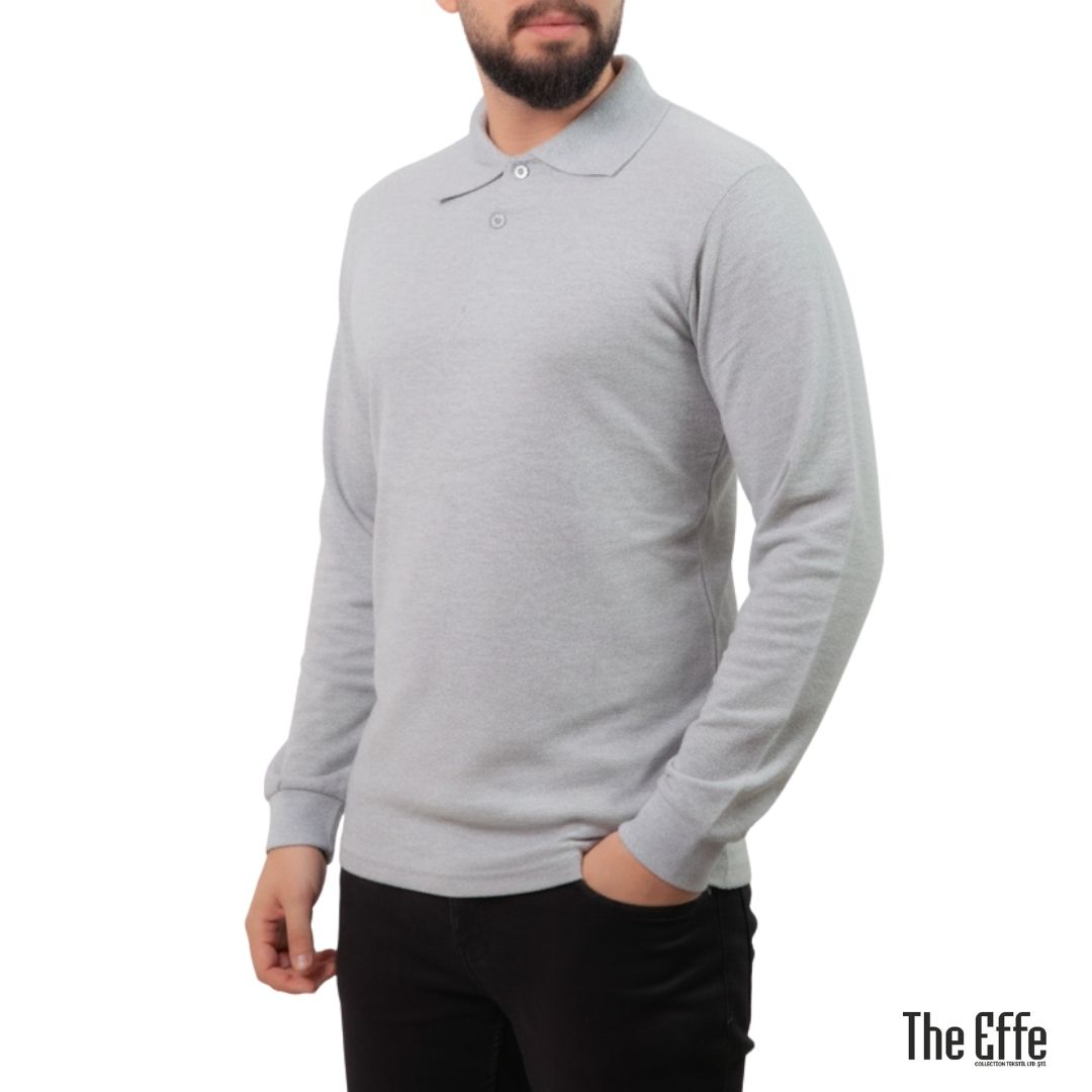 Polo Yaka Uzun Kol T-shirt Gri - Toptan Basic - Numune