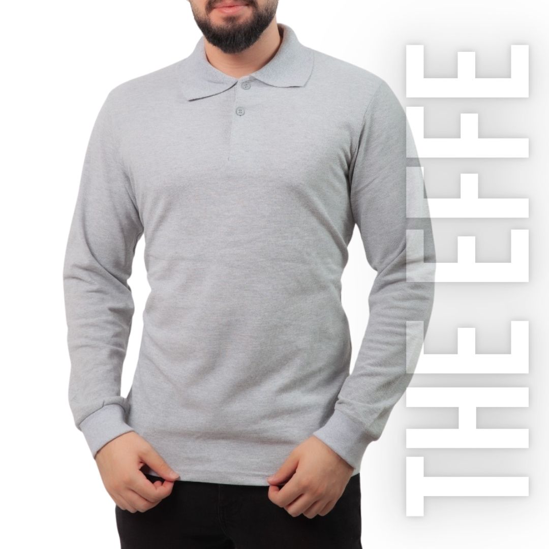 Polo Yaka Uzun Kol T-shirt Gri - Toptan Basic - Numune