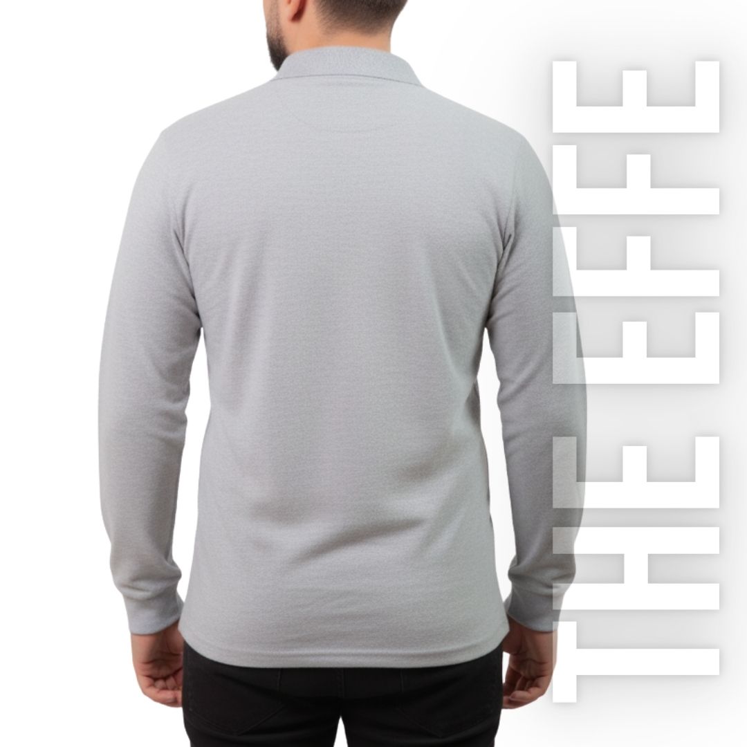 Polo Yaka Uzun Kol T-shirt Gri - Toptan Basic