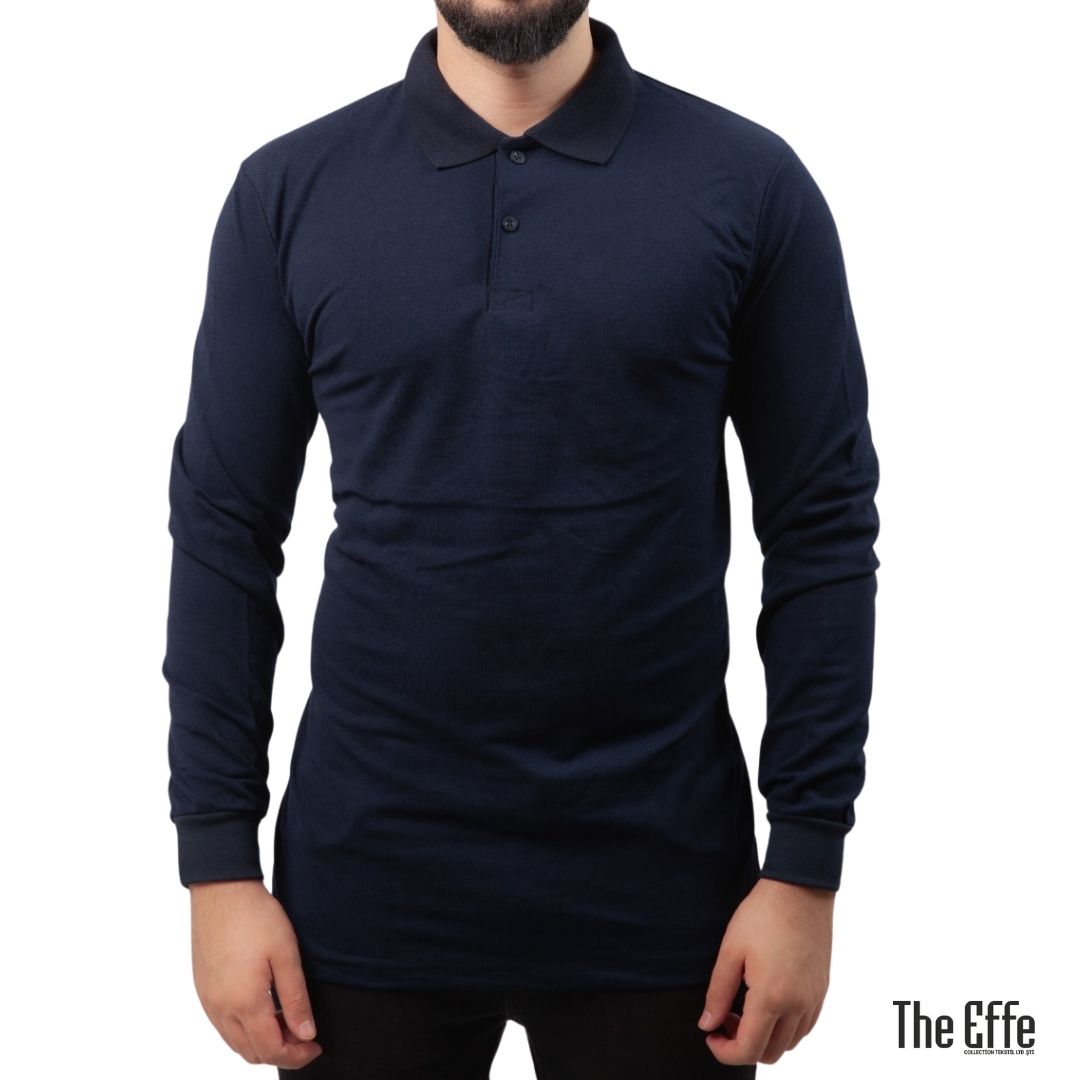 Polo Yaka Uzun Kol T-shirt Lacivert - Toptan Basic - Numune