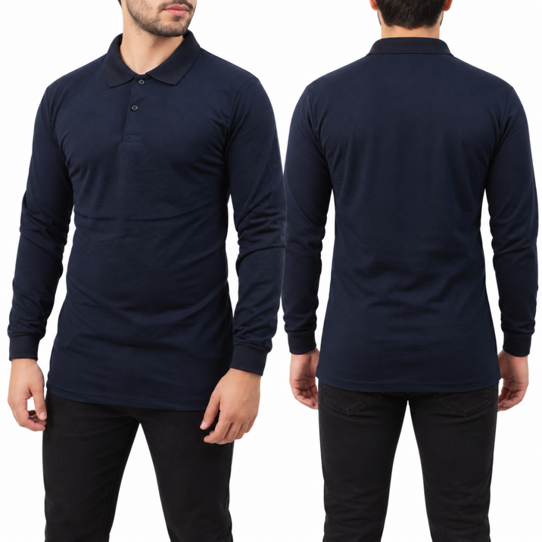 Polo Yaka Uzun Kol T-shirt Lacivert - Toptan Premium