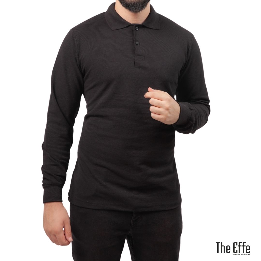 Polo Yaka Uzun Kol T-shirt Siyah - Toptan Basic - Numune