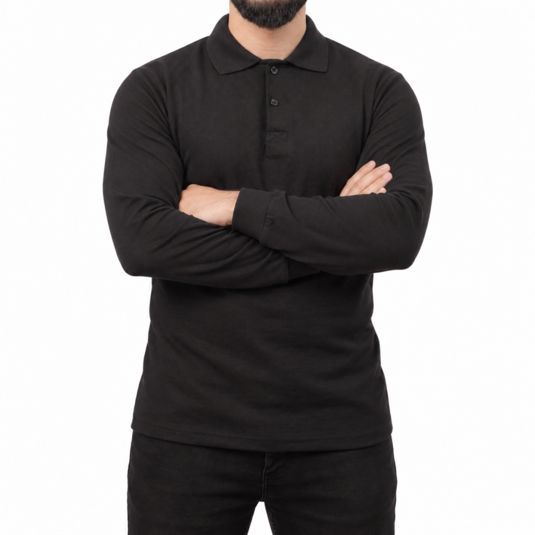 Polo Yaka Uzun Kol T-shirt Siyah - Toptan Premium - Numune