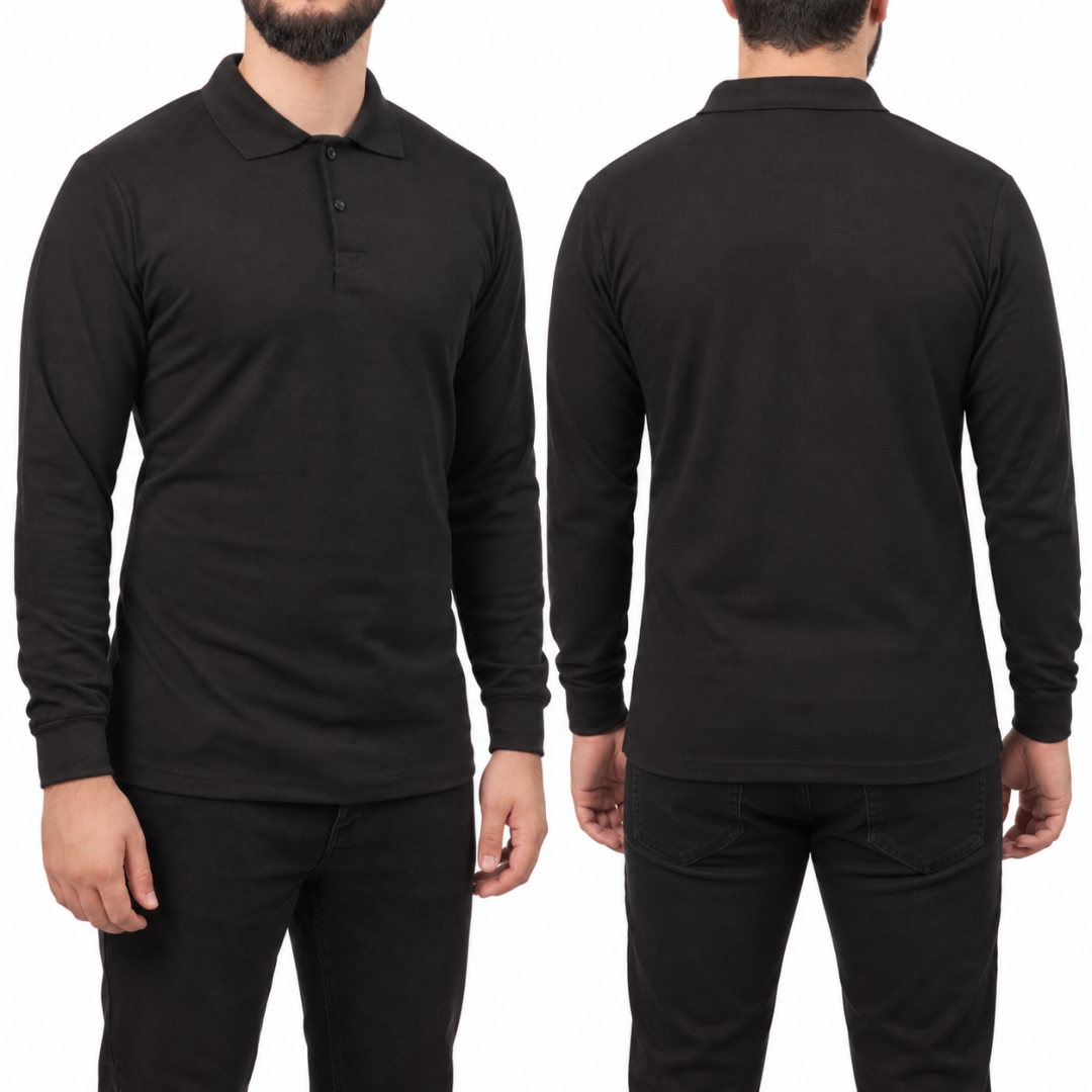 Polo Yaka Uzun Kol T-shirt Siyah - Toptan Premium - Numune