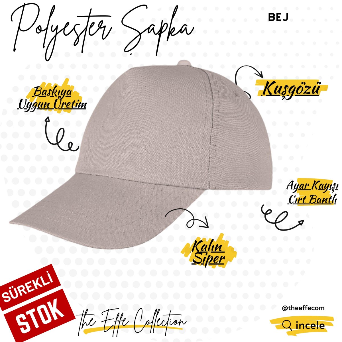 Şapka Polyester Bej- Toptan Basic (Promosyon)