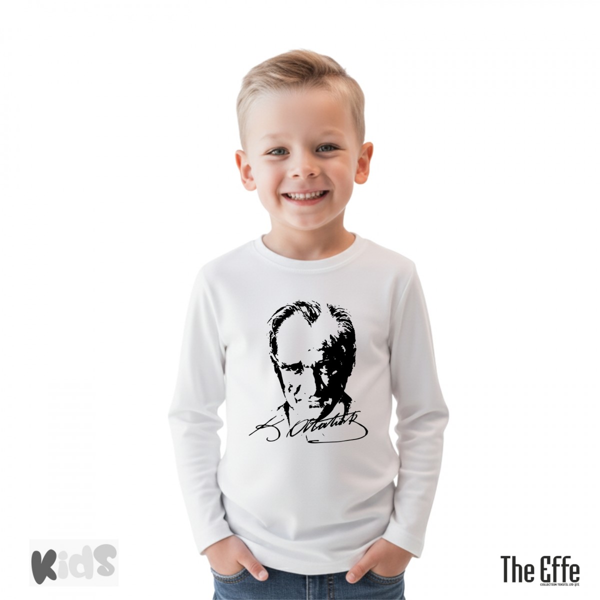 Sıfır Yaka T-shirt - Çocuk Uzun Kol - Beyaz - Atatürk Baskılı - Numune