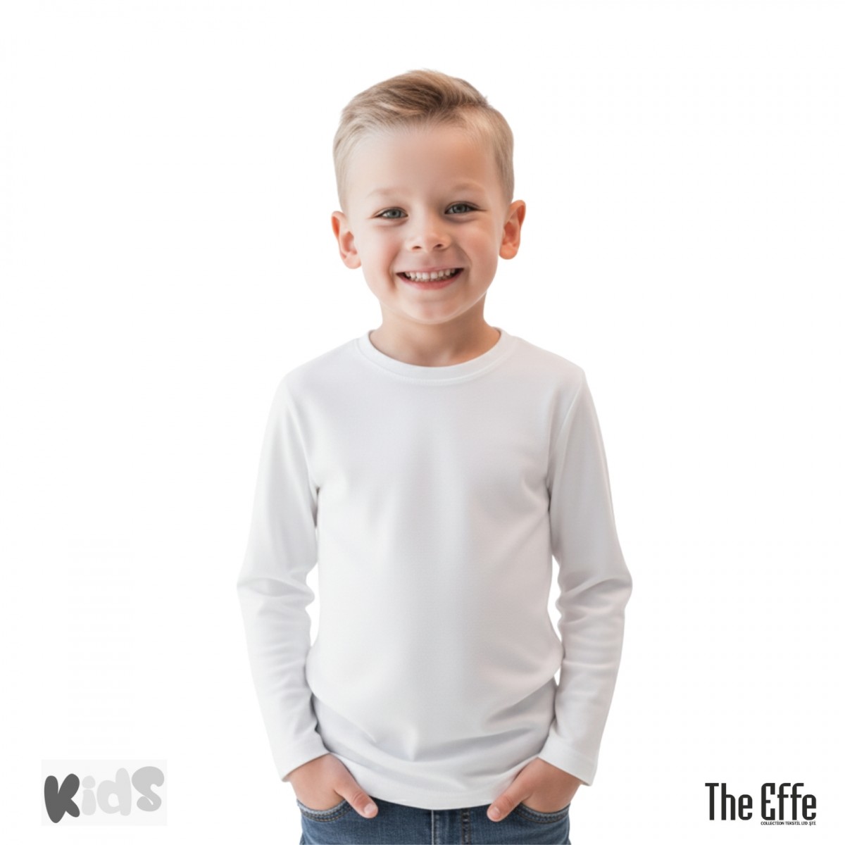 Sıfır Yaka T-shirt -  Çocuk Uzun Kol - Beyaz - Numune
