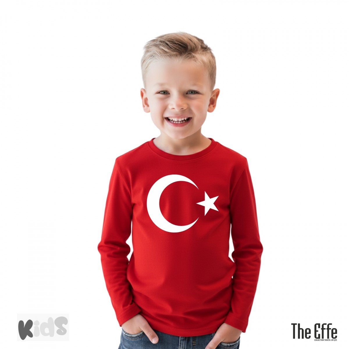 Sıfır Yaka T-shirt - Çocuk Uzun Kol - Kırmızı - Türk Bayrağı Baskılı Numune
