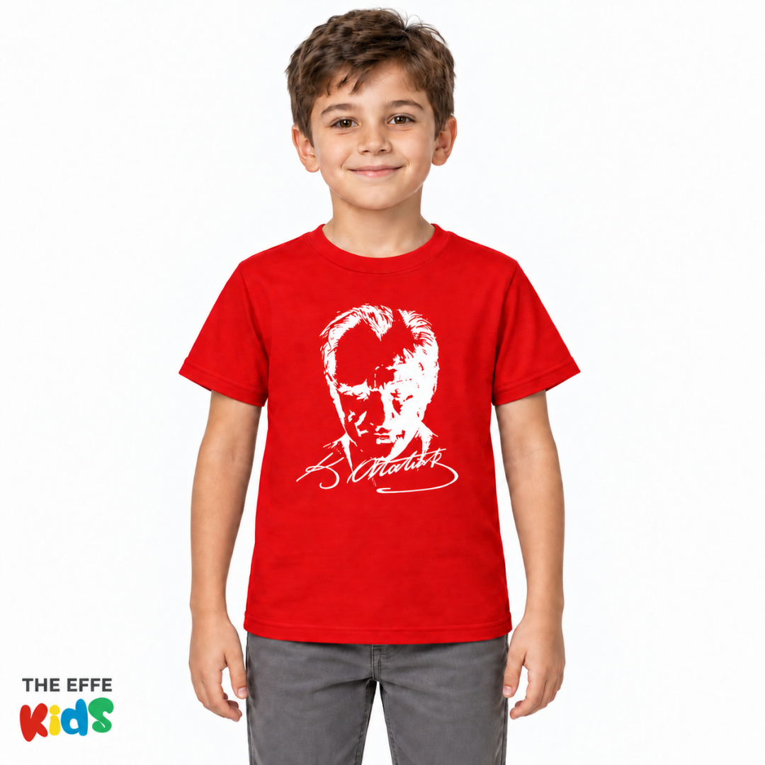 Sıfır Yaka T-shirt - Toptan Çocuk Atatürk Baskılı -Kırmızı