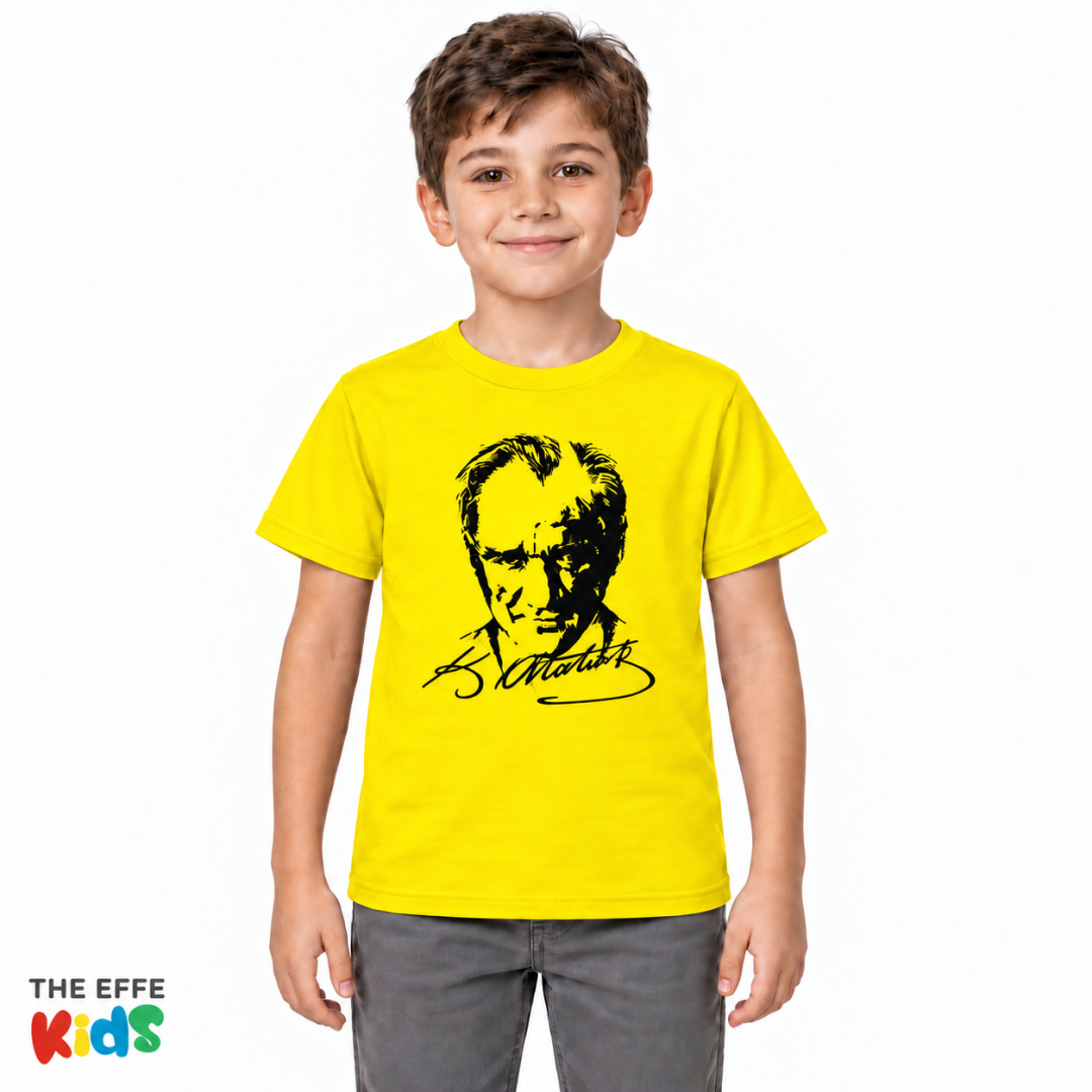 Sıfır Yaka T-shirt - Toptan Çocuk Atatürk Baskılı -Sarı