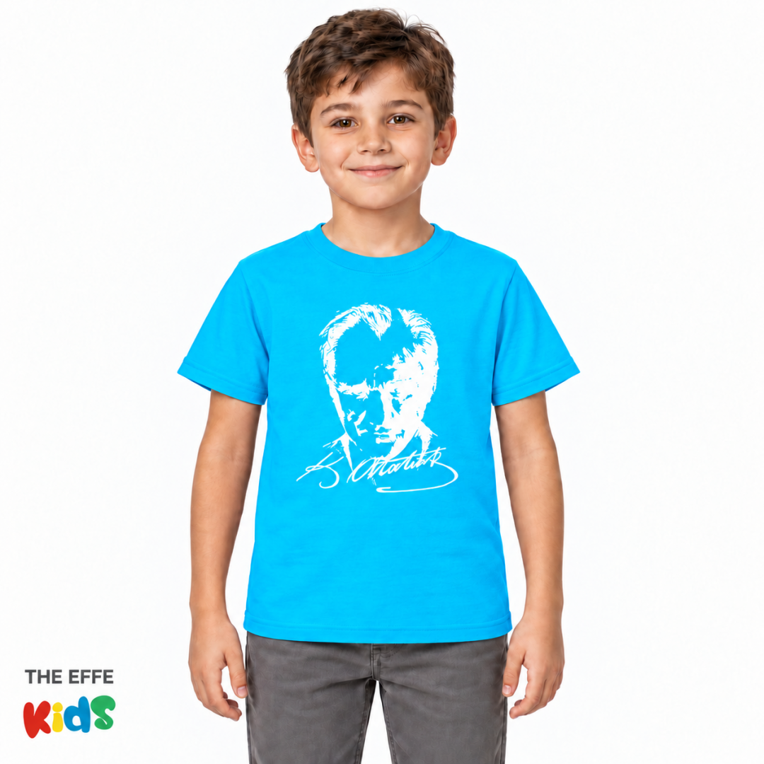 Sıfır Yaka T-shirt - Toptan Çocuk Atatürk Baskılı -Turkuaz
