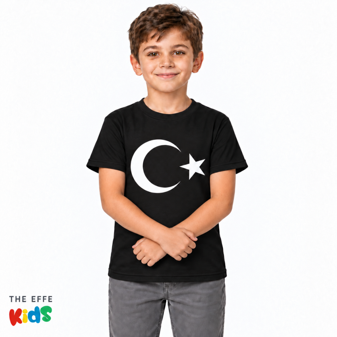 Sıfır Yaka T-shirt -  Toptan Çocuk Türk Bayrağı Baskılı - Siyah