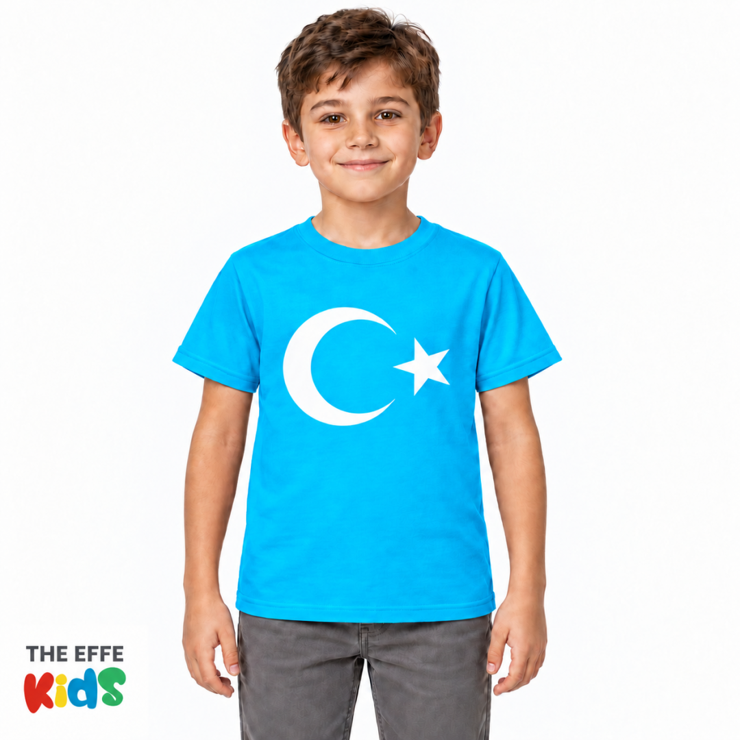 Sıfır Yaka T-shirt - Toptan Çocuk Türk Bayrağı Baskılı - Turkuaz