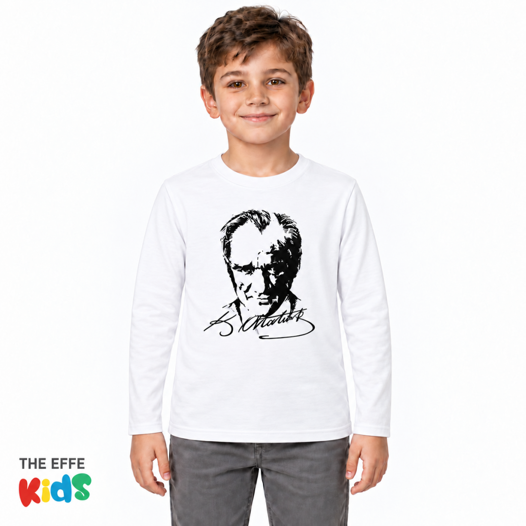 Çocuk Uzun Kollu Sıfır Yaka Tişört Beyaz - Atatürk Baskılı - Toptan