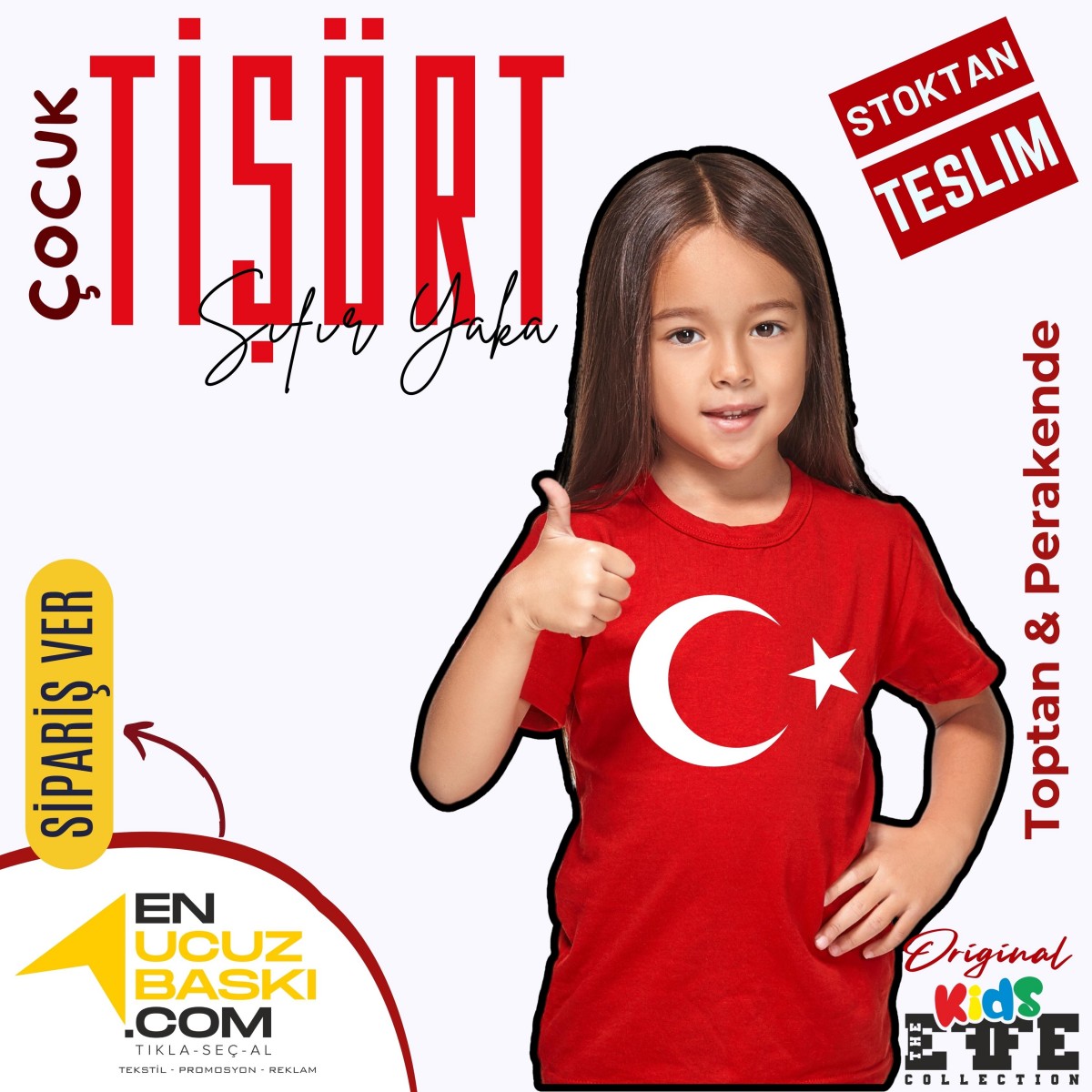 Sıfır Yaka Tişört Çocuk  Türk Bayrağı Baskılı Model 01
