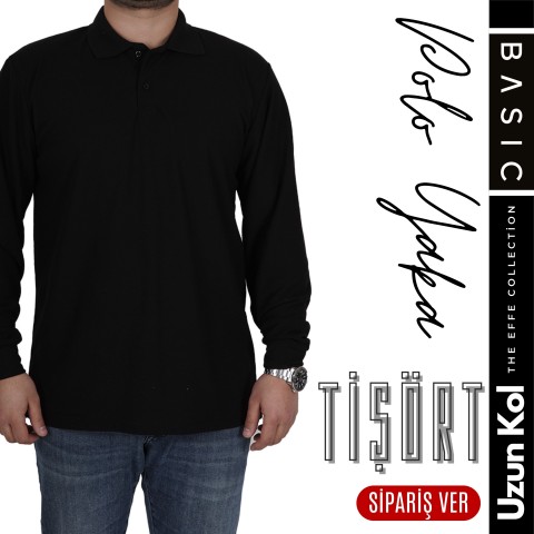 Basic  Polo Yaka Tişört Uzun Kol Siyah