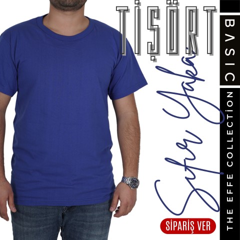 Basic Sıfır Yaka Tişört Saks Mavi