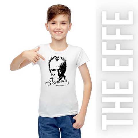Çocuk Sıfır Yaka T-shirt - Atatürk Baskılı -Beyaz- Numune