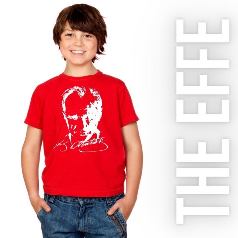 Çocuk Sıfır Yaka T-shirt - Atatürk Baskılı -Kırmızı- Numune