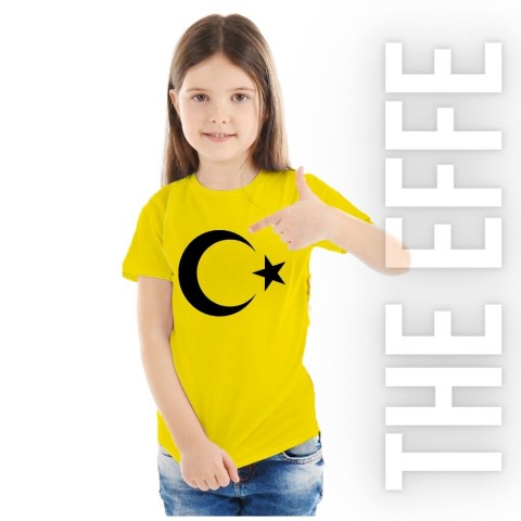 Sıfır Yaka T-shirt - Toptan Çocuk Türk Bayrağı Baskılı - Sarı- Numune
