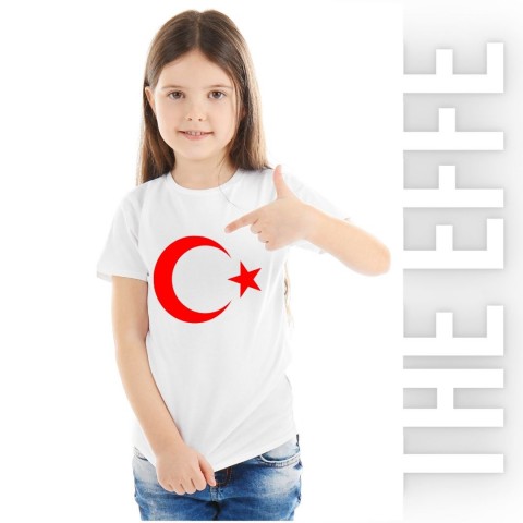 Çocuk Sıfır Yaka T-shirt - Türk Bayrağı Baskılı -Beyaz- Numune