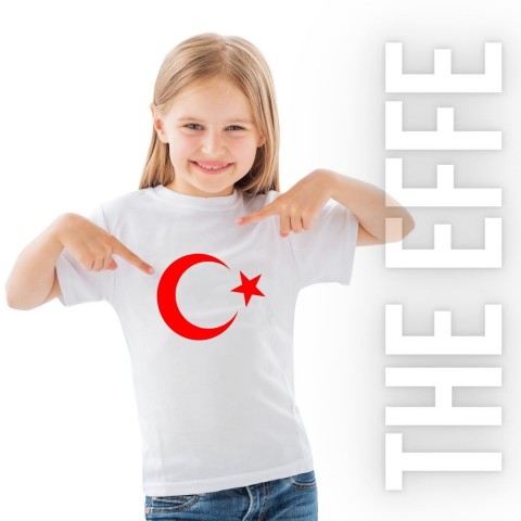 Çocuk Sıfır Yaka T-shirt - Türk Bayrağı Baskılı -Beyaz- Numune