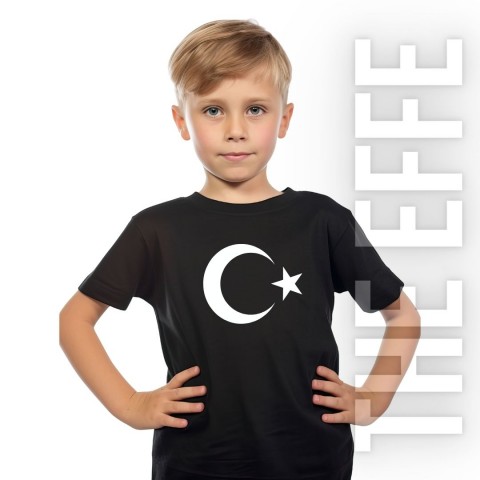 Çocuk Sıfır Yaka T-shirt - Türk Bayrağı Baskılı - Siyah- Numune