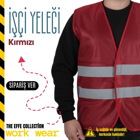 İşçi İkaz Yeleği Kırmızı - İş Kıyafeti- Numune