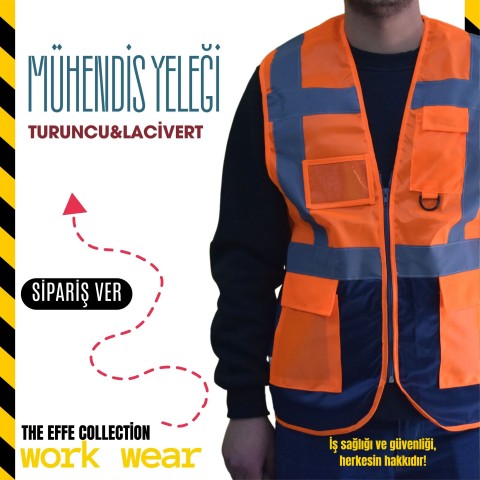 Mühendis İkaz Yeleği Turuncu/Lacivert - İş Kıyafeti- Numune