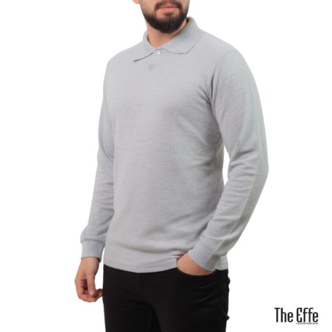 Polo Yaka Uzun Kol T-shirt Gri - Toptan Basic