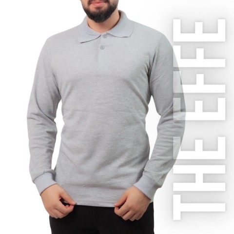Polo Yaka Uzun Kol T-shirt Gri - Toptan Basic
