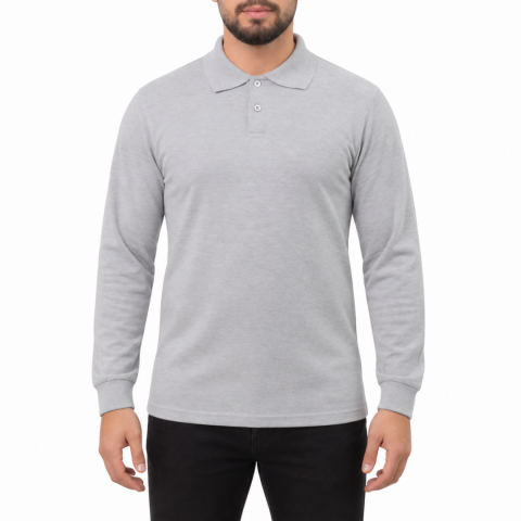 Polo Yaka Uzun Kol T-shirt Gri - Toptan Premium