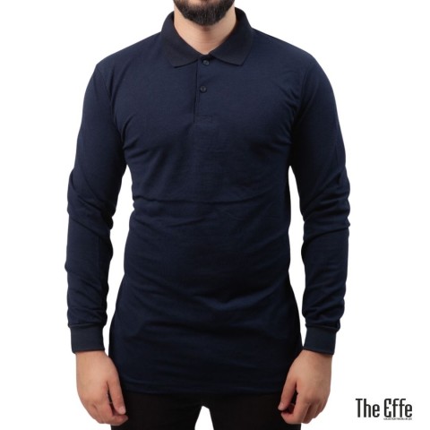 Polo Yaka Uzun Kol T-shirt Lacivert - Toptan Basic