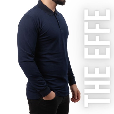 Polo Yaka Uzun Kol T-shirt Lacivert - Toptan Basic