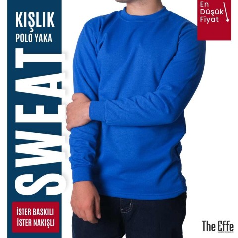 Sıfır Yaka Sweat Saks Mavi - Toptan İş Kıyafeti