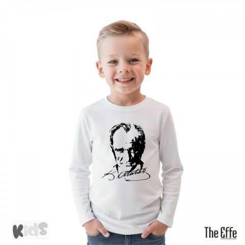 Sıfır Yaka T-shirt - Çocuk Uzun Kol - Beyaz - Atatürk Baskılı - Numune