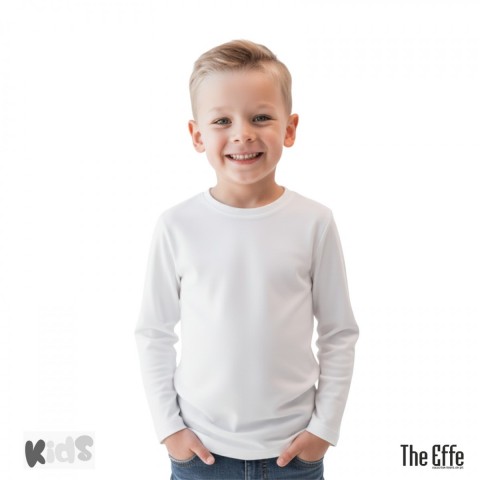 Sıfır Yaka T-shirt -  Çocuk Uzun Kol - Beyaz - Numune